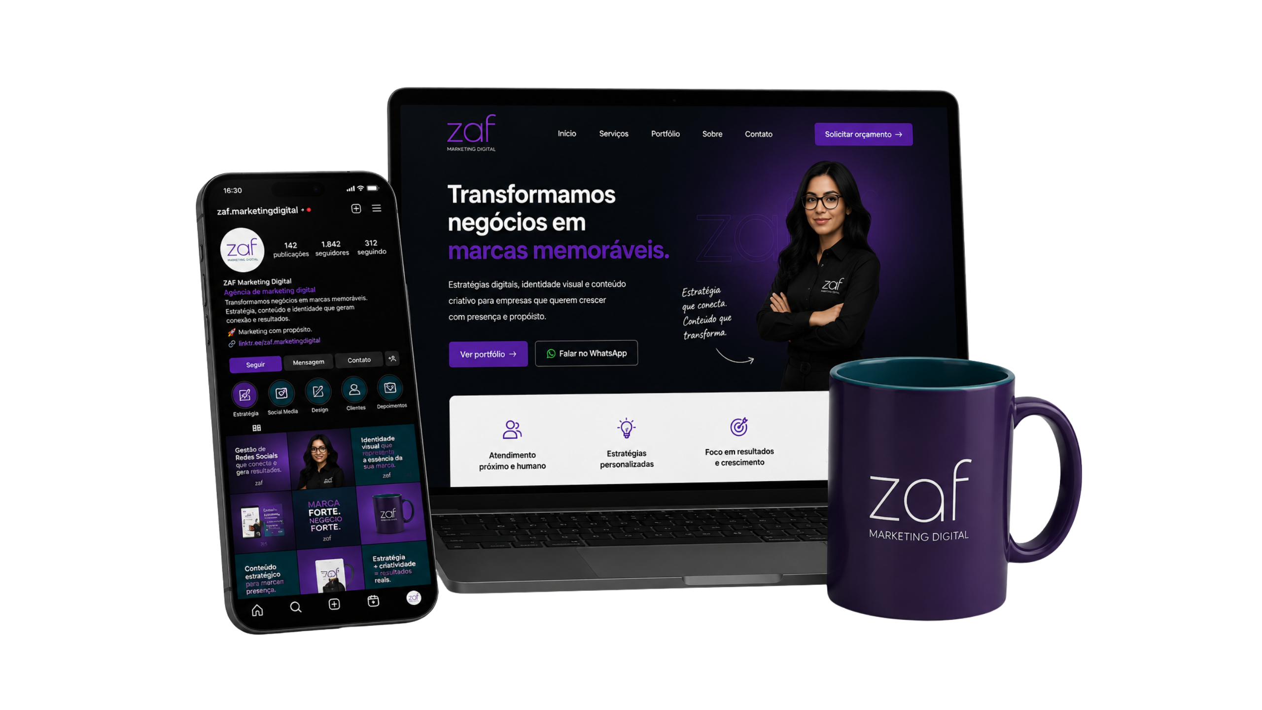 Apresentação visual da ZAF Marketing Digital em celular, notebook e caneca
