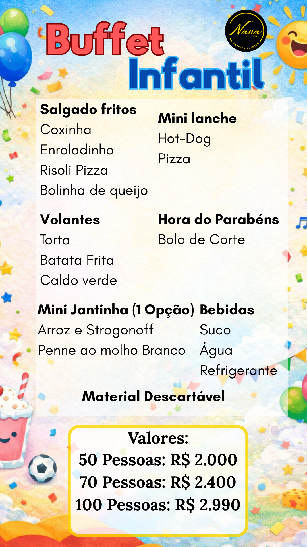 Cardápio de buffet infantil da Nana Festas