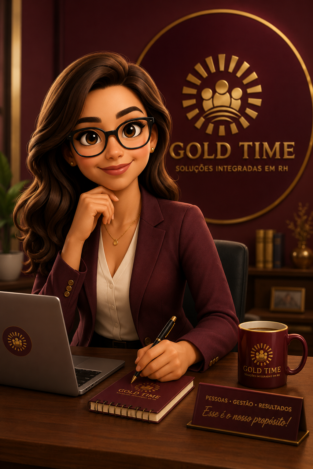 Mascote 3D da Gold Time Contabilidade no escritório